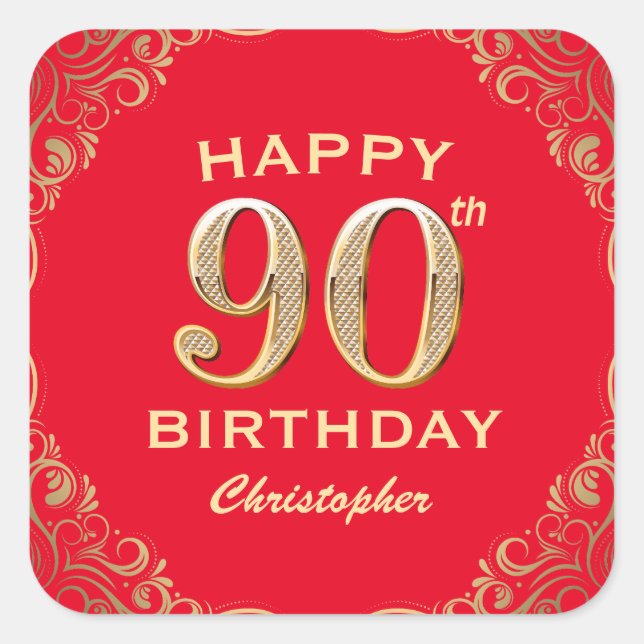 90th Birthday Party Red and Gold Glitter Frame Square Sticker (Front)