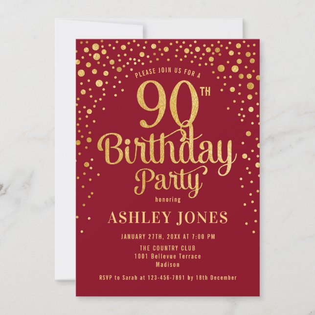 90th Birthday Party - Red & Gold Invitation (Front)