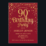 90th Birthday Party - Red & Gold Invitation<br><div class="desc">90th Birthday Party Invitation.
Elegant design in red and faux glitter gold. Features stylish script font and confetti. Message me if you need custom age.</div>