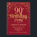 90th Birthday Party - Red & Gold Invitation<br><div class="desc">90th Birthday Party Invitation.
Elegant design in red and faux glitter gold. Features stylish script font and confetti. Message me if you need custom age.</div>
