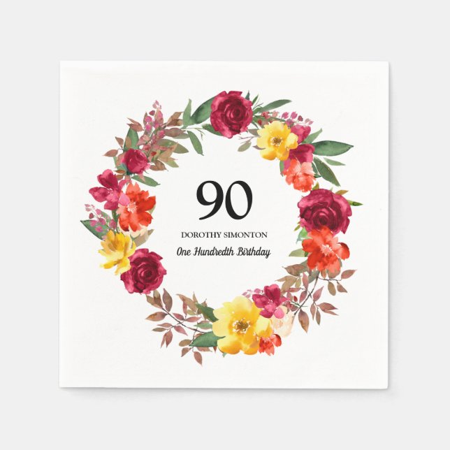 90th Birthday Party Red Orange Yellow Fall Floral Napkin (Front)