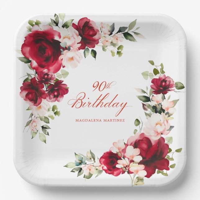 90th Birthday Party Red Pink Floral Custom Paper Plate (Front)