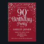 90th Birthday Party - Red & Silver Invitation<br><div class="desc">90th Birthday Party Invitation.
Elegant design in dark red and faux glitter silver. Features stylish script font and confetti. Message me if you need custom age.</div>