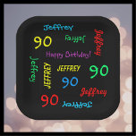 90th Birthday Party, Repeating Name, Black Square Paper Plate<br><div class="desc">What a wonderful, personalised paper plate for a 90th birthday party or any other occasion. Name and Age repeat in different fonts and primary colours on a black background. Easy to personalise - just CHANGE NAME, AGE, and OCCASION in ONE PLACE. Supports name up to 9 characters. A colourful and...</div>