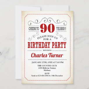 90th Birthday Party - Retro Creamy White and Red Invitation