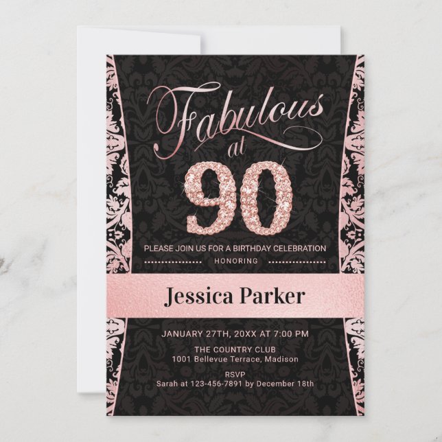 90th Birthday Party - Rose Gold Black Invitation (Front)