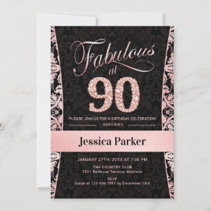 90th Birthday Party - Rose Gold Black Invitation