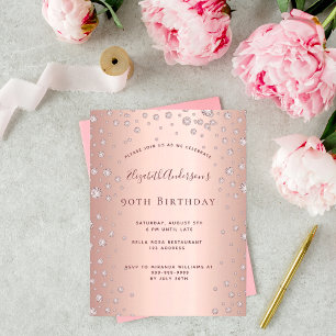 90th birthday party rose gold diamond invitation postcard