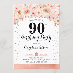 90th Birthday Party - Rose Gold Flowers Invitation