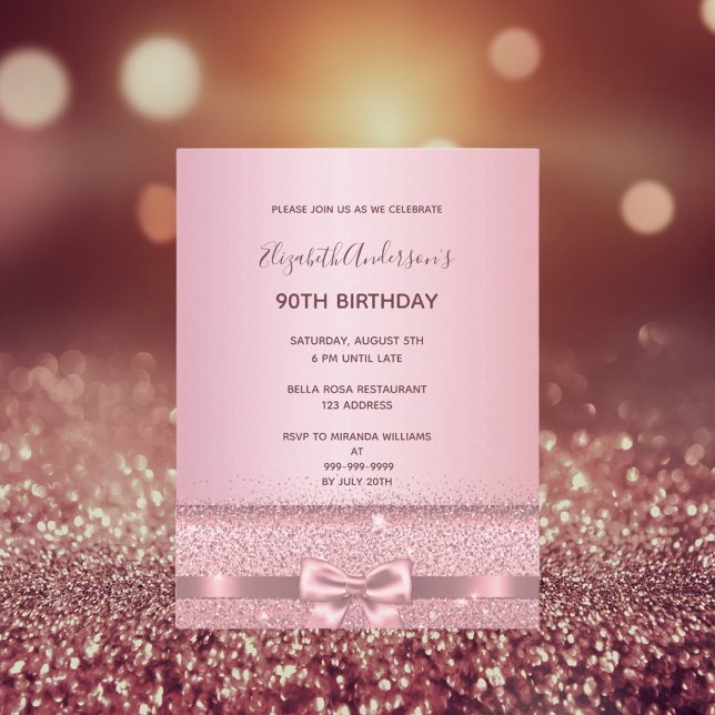 90th birthday party rose gold sparkle invitation postcard (Creator Uploaded)