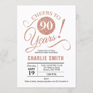 90th Birthday Party - Rose Gold White Invitation