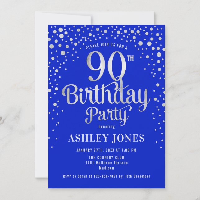 90th Birthday Party - Royal Blue & Silver Invitation (Front)