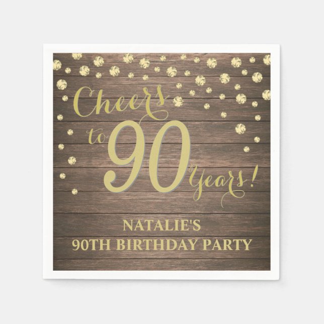 90th Birthday Party Rustic Wood and Gold Diamond Napkin (Front)