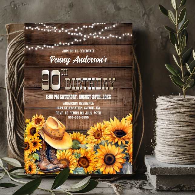 90th Birthday Party Rustic Wood Sunflower Invitation (Creator Uploaded)