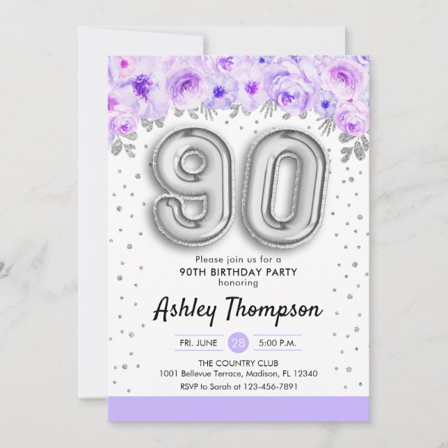 90th Birthday Party - Silver Balloons Purple Invitation (Front)