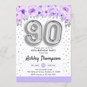 90th Birthday Party - Silver Balloons Purple Invitation