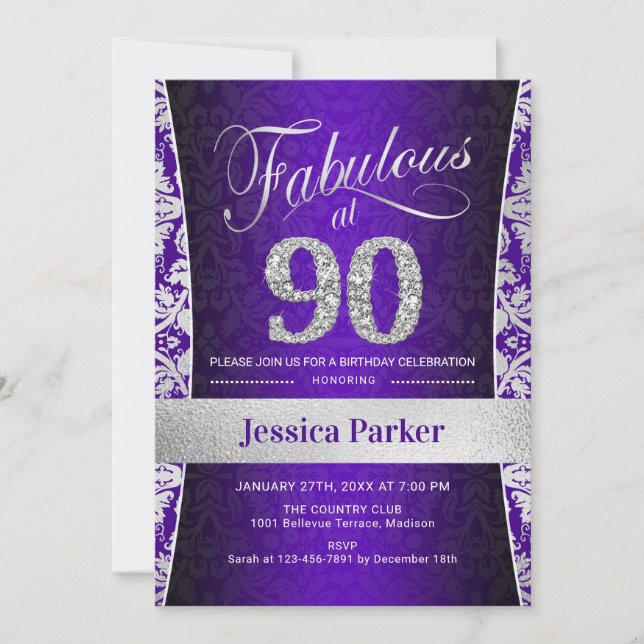 90th Birthday Party - Silver Purple Invitation (Front)