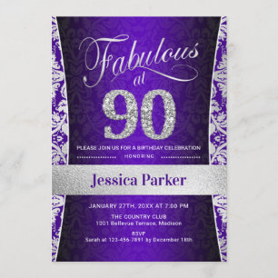 90th Birthday Party - Silver Purple Invitation