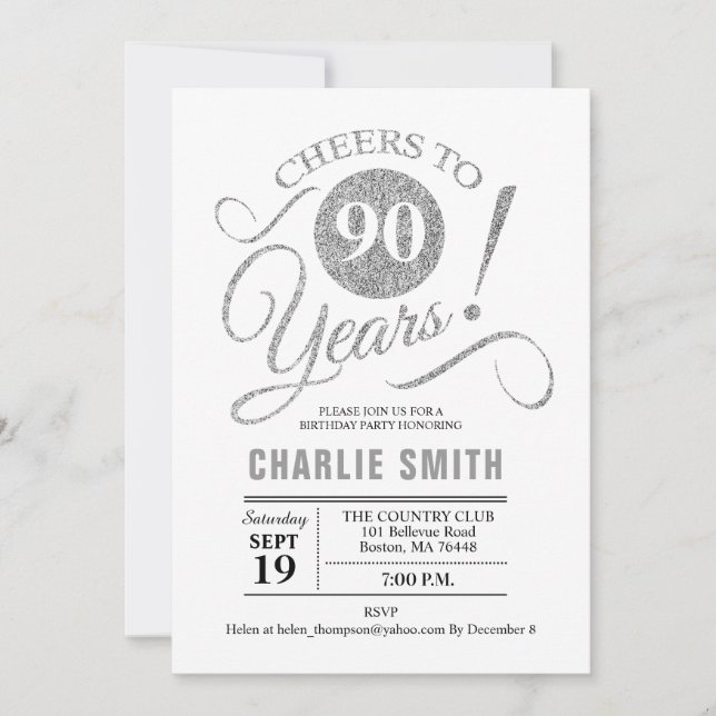90th Birthday Party - Silver White Invitation (Front)