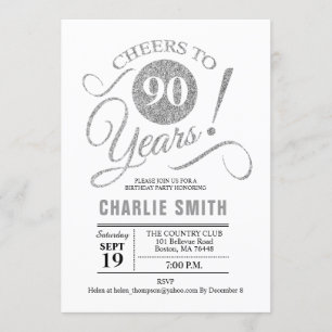 90th Birthday Party - Silver White Invitation