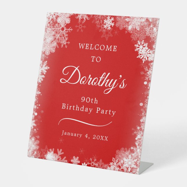 90th Birthday Party Snowflake Red Welcome Pedestal Sign (Front)
