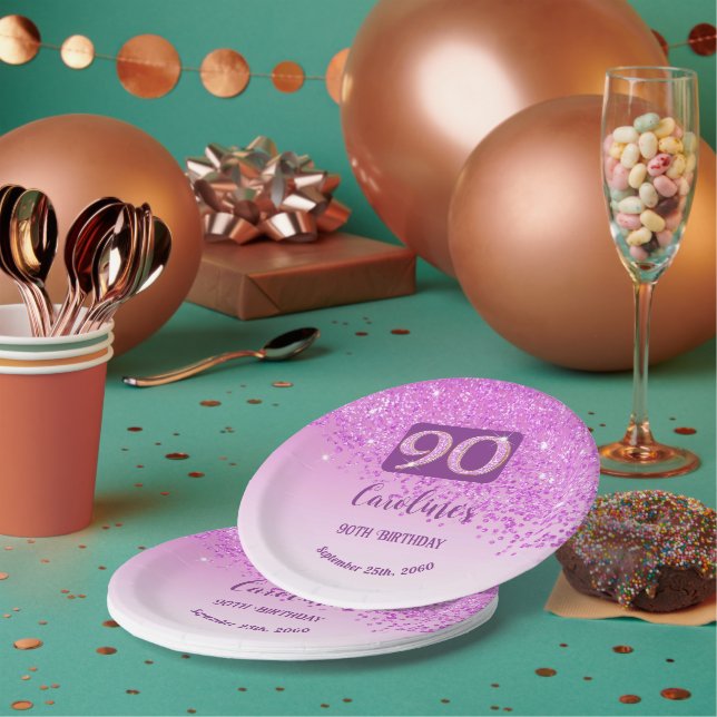 90th Birthday Party Sparkle Pink Glitter Paper Plate (Multi)