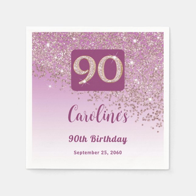 90th Birthday Party Sparkling Rose Gold Glitter Napkin (Front)