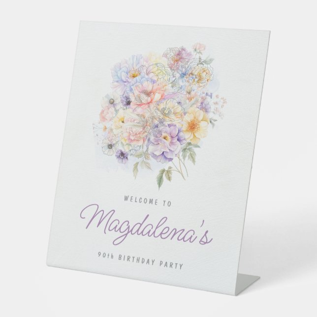 90th Birthday Party Spring Flower Bouquet Welcome Pedestal Sign (Front)