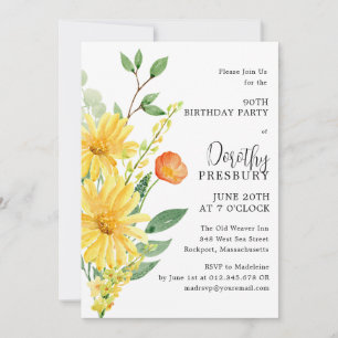 90th Birthday Party Spring Yellow Floral Invitation