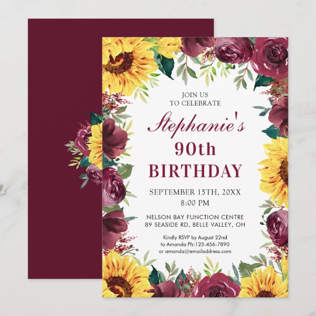 90th Birthday Party Sunflower Burgundy Rose Border Invitation (Front/Back)