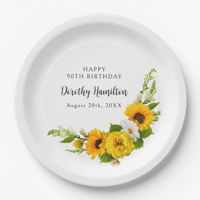 90th Birthday Party Sunflower Daisy Custom Paper Plate (Front)