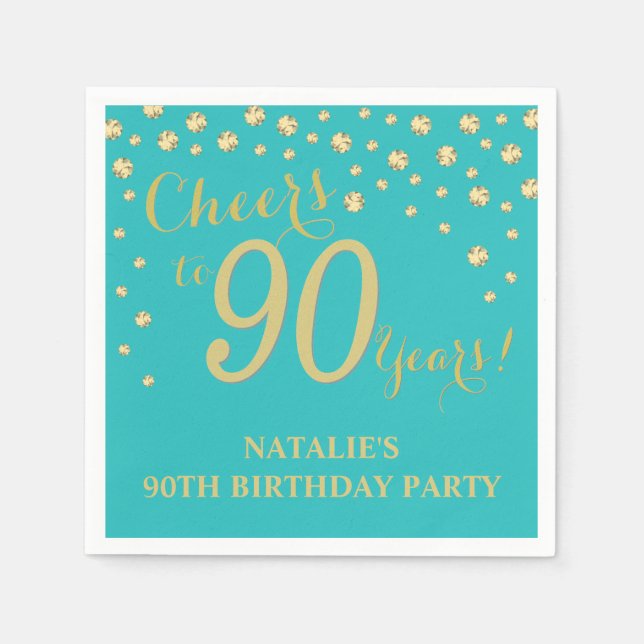 90th Birthday Party Teal and Gold Diamond Napkins (Front)