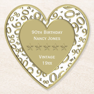 90th Birthday Party White and Gold Theme Paper Coaster