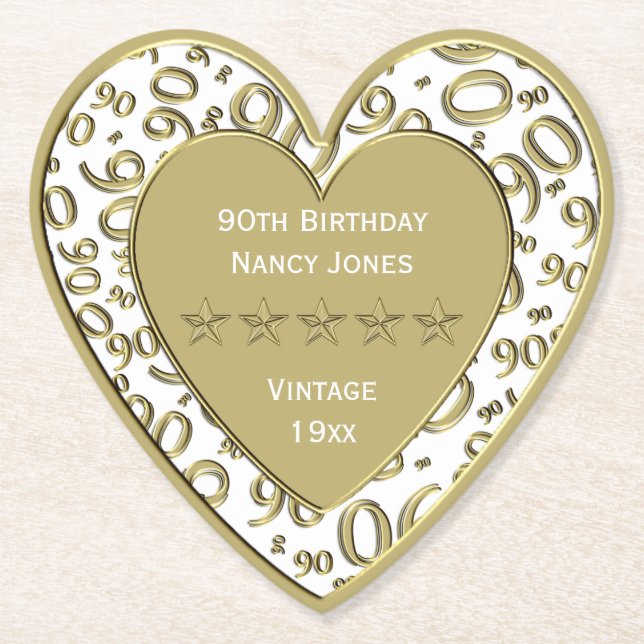 90th Birthday Party White and Gold Theme Paper Coaster (Front)