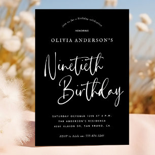 90th Birthday Party   White on Black Typography Invitation