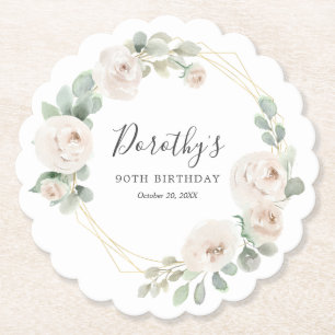 90th Birthday Party White Rose Floral Custom Paper Coaster