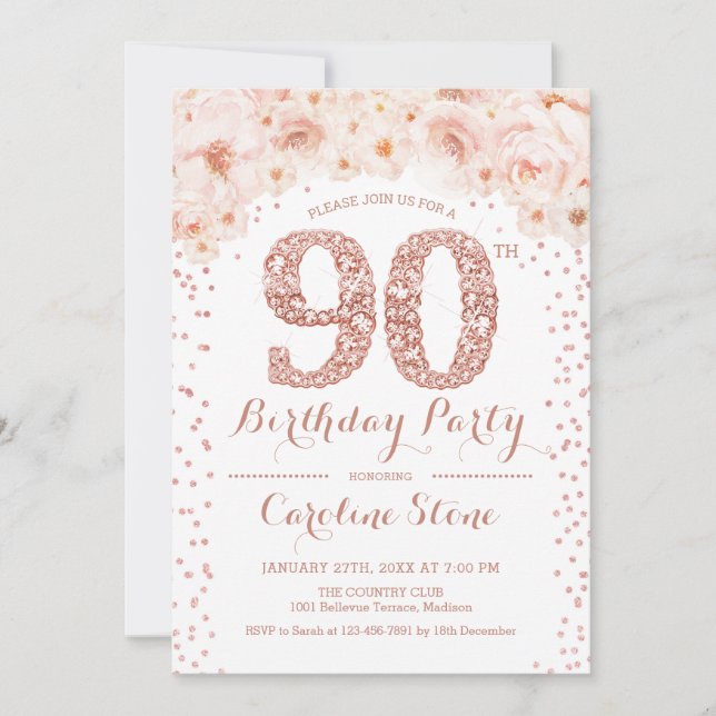 90th Birthday Party - White Rose Gold Invitation (Front)