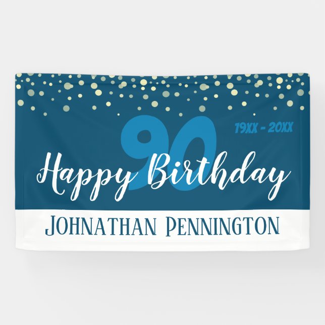 90th Birthday Party with Confetti Blue Banner (Horizontal)
