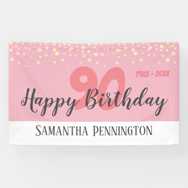 90th Birthday Party with Confetti Pink Banner (Horizontal)