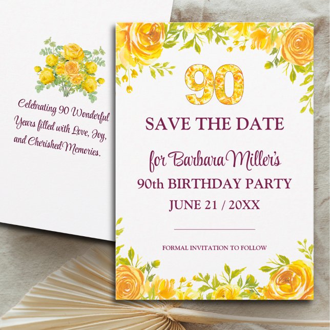 90th Birthday Party – Yellow Roses 90 Years Save The Date (Creator Uploaded)