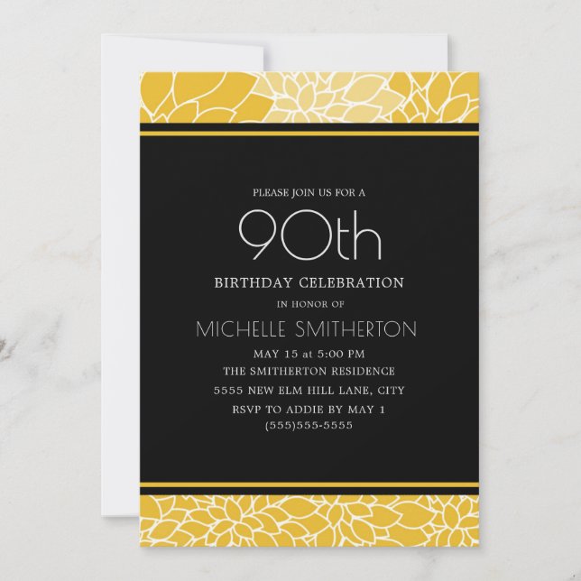 90th Birthday Party Yellow White Black Floral Invitation (Front)