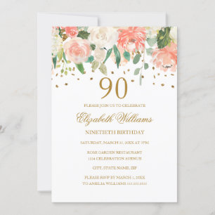 90th Birthday Peach Gold Floral Invitation
