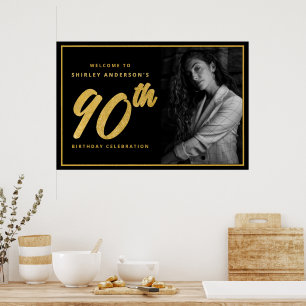 90th Birthday Photo Black Faux Gold Leaf Elegant Poster