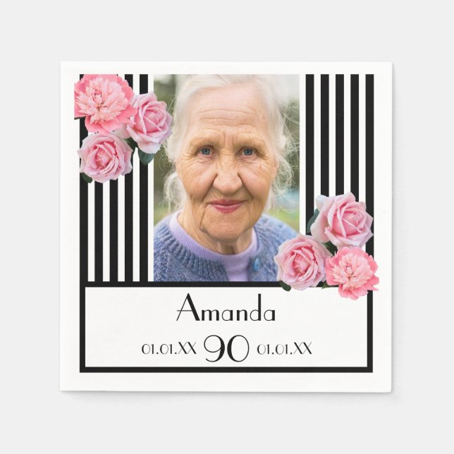 90th birthday photo black stripes flowers name napkin (Front)