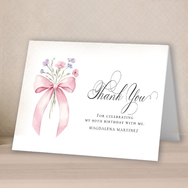 90th Birthday Photo Blush Pink Floral Folded Thank You Card (Creator Uploaded)