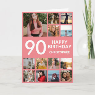 90th Birthday Photo Collage 13 Photos Pink & White Card
