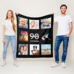 90th birthday photo collage black fleece blanket<br><div class="desc">A gift for a woman's 90th birthday,  celebrating her life with a collage of 8 of your photos.  Templates for a name,  age 90 and a date.  Date of birth or the date of the anniversary.  White and grey coloured letters.  Black coloured background.</div>