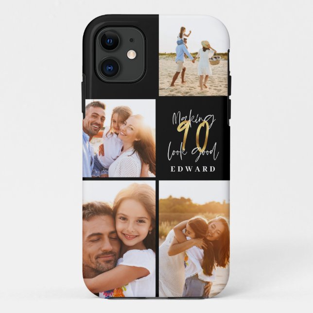90th birthday photo collage black gold typography Case-Mate iPhone case (Back)