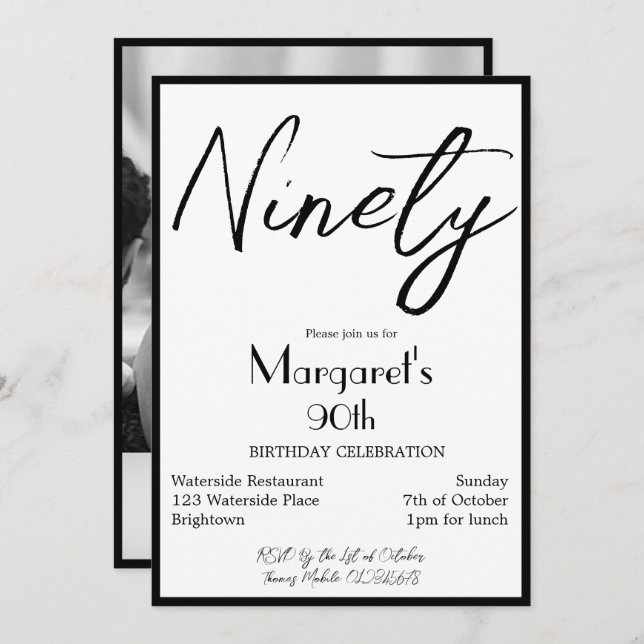 90th Birthday Photo Elegant Monogram Birthday Invi Invitation (Front/Back)