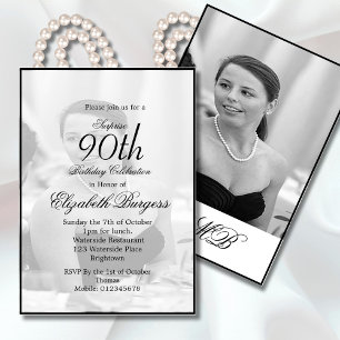 90th Birthday Photo Elegant  Monogram Birthday Invitation